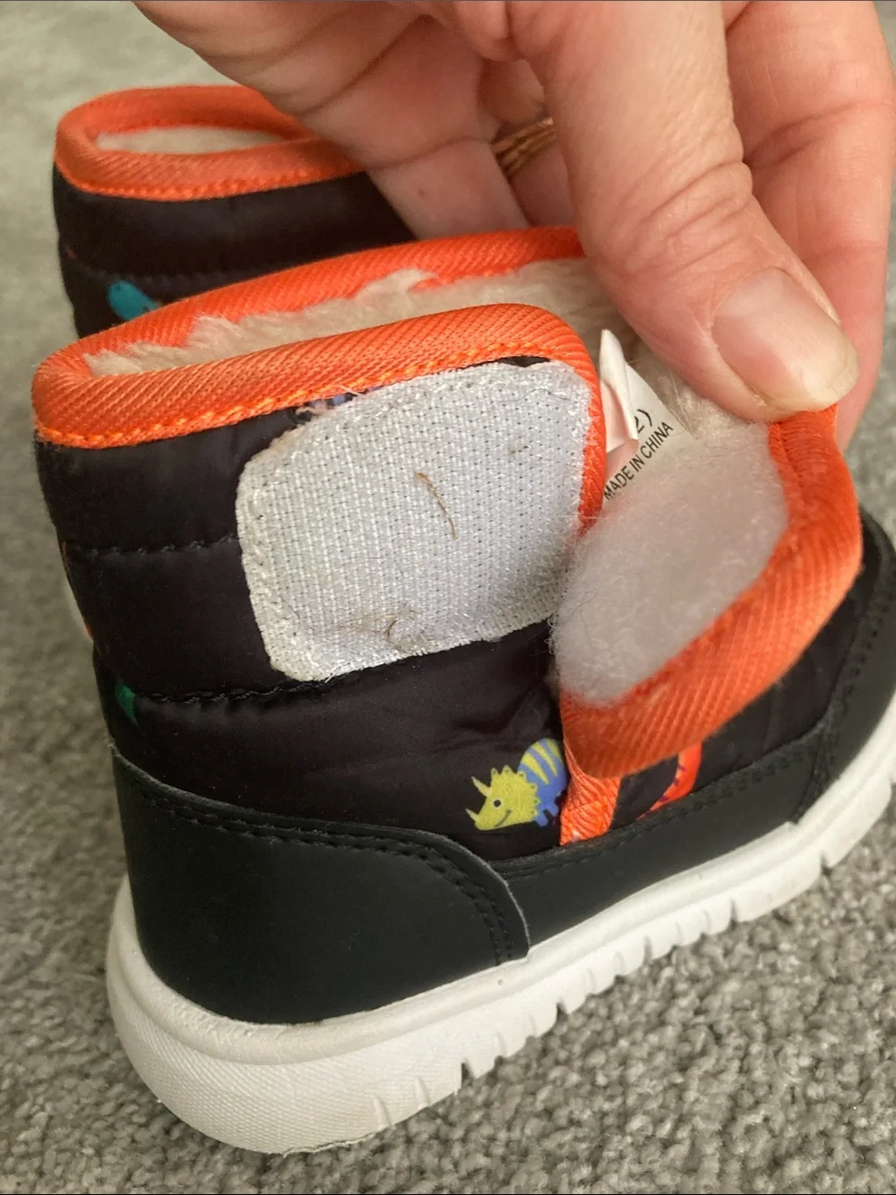 Kids Black Dino Winter Boots with Orange Trim